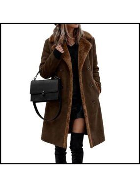 Women's Wool Blend Pea Coat Faux Fur Collar Double Breasted Long Winter Coat